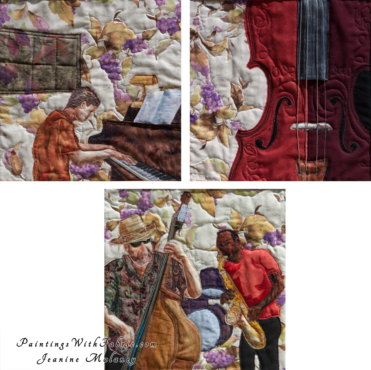Musical Instruments Triad Art Quilt Landscape Quilt, Watercolor Quilt