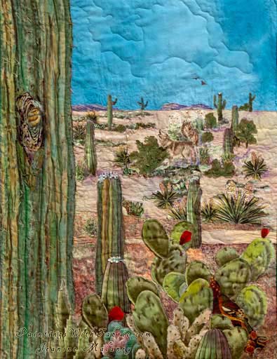 Saguaro in Bloom!Original Landscape Quilt Art Quilt