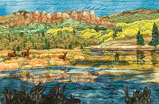 Fabric art  painting of Opel lake in Colorado Rocky Mountains