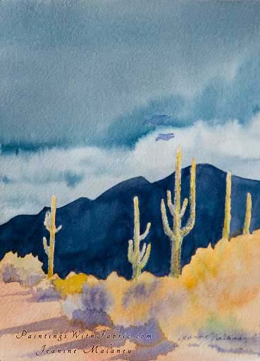 Desert Aglow Unframed Original Southwest Watercolor Painting a desert view of several Saguaro Cactus at sunset