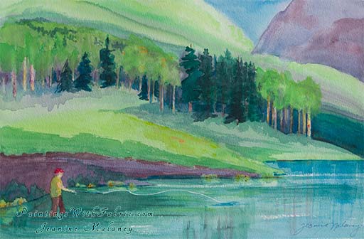 Caught in the Moment  Unframed Original  Watercolor Painting  a man fly fishing in Love Lake in the Rocky Mountains