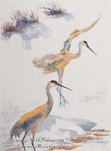 Landing At Yellowstone Unframed Original Winter Watercolor Painting two Sandhill cranes in the snow with one of them landing