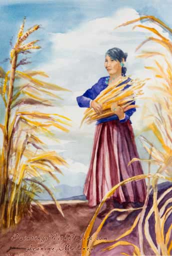 Navajo Pose Unframed Original Southwest Watercolor Painting a Navajo lady in a corn field hold some picked corn
