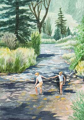 A Helping Hand Unframed Original Artwork Watercolor Painting of two girls crossing a  Colorado mountain stream