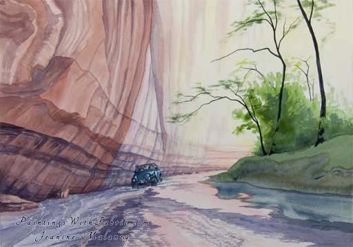 Four-wheelin Canyon de Chelly Unframed Original Landscape Watercolor Painting of a jeep in river at Canyon de Chelly