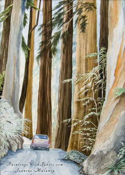 Four Wheelin Redwood National Park Unframed Original  Watercolor Painting of a jeep in large redwoods