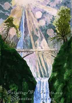 Refraction on the Mist Unframed Original Contemporary Watercolor Painting of mystical sense of double waterfalls