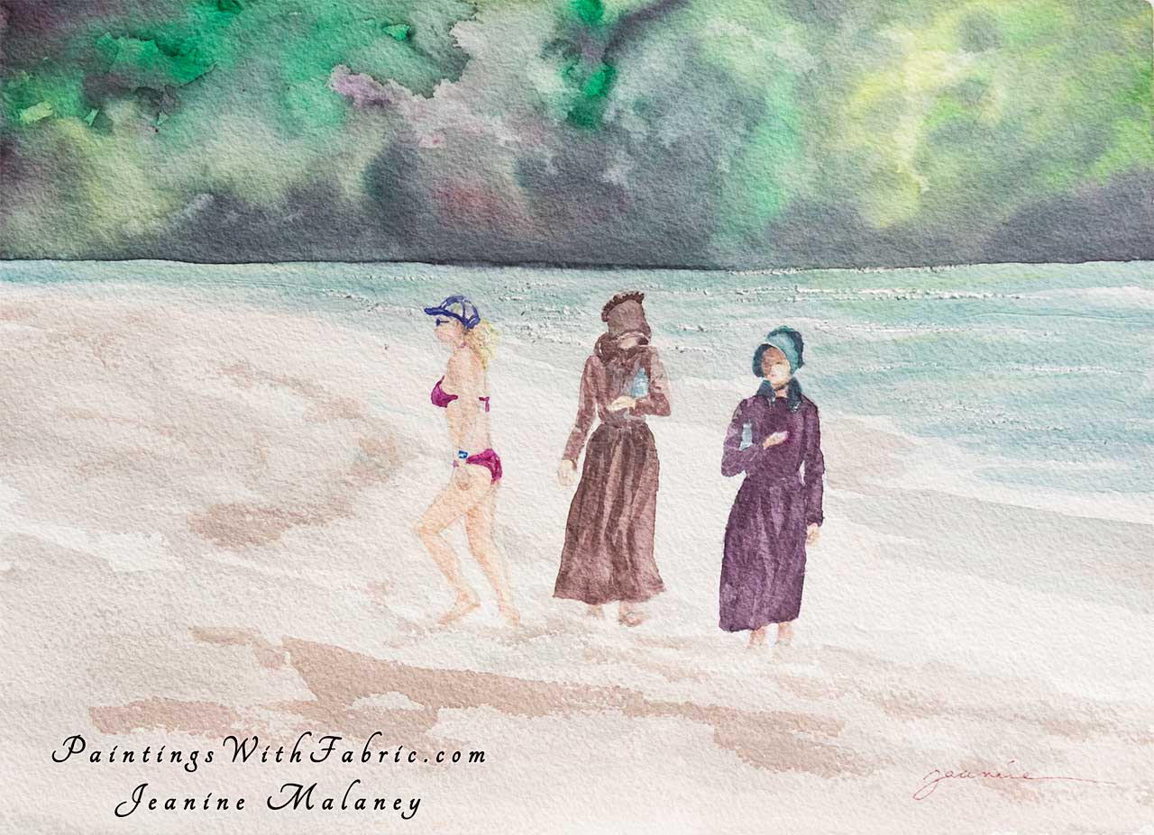 America! Unframed Original Watercolor Painting a Kauai beach with three ladies on it