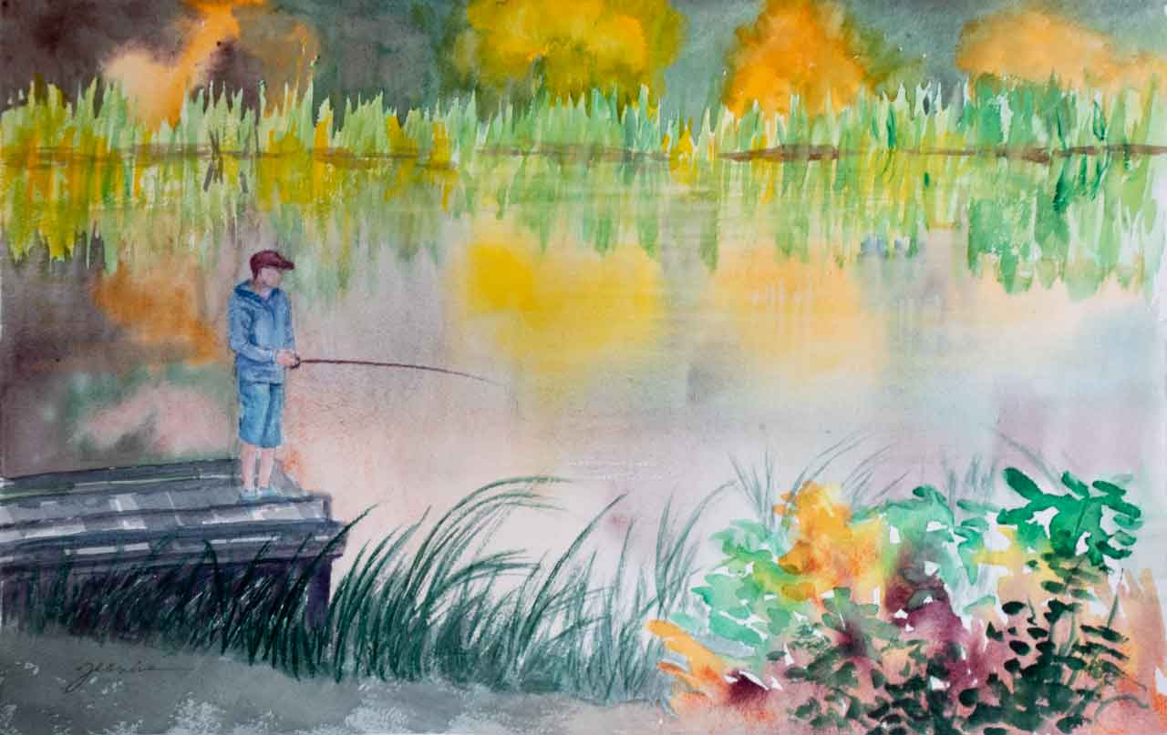 Camden’s Last Cast of the day Unframed Original Watercolor Painting Camden’s Last Cast of the day on a small lake