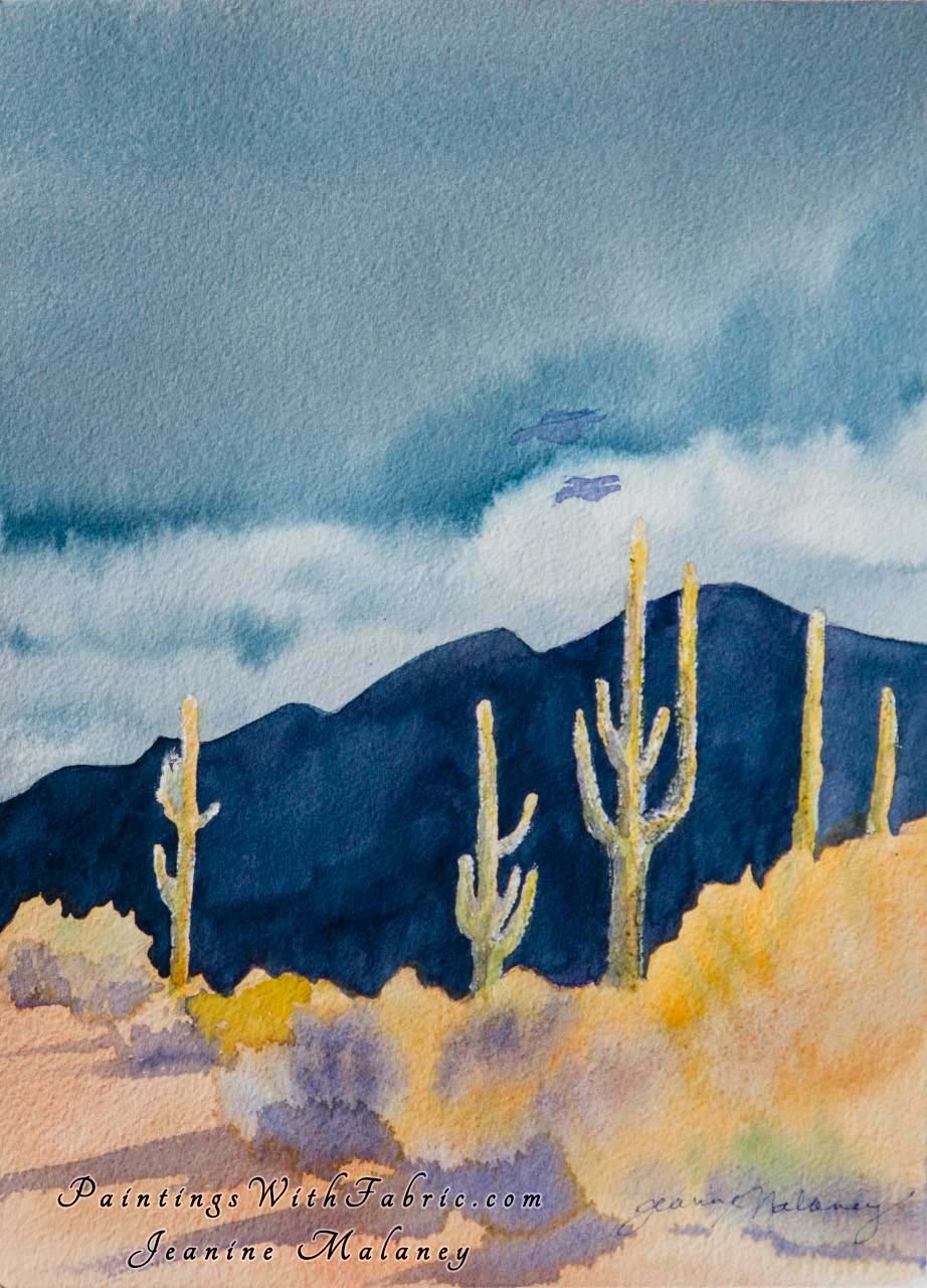 Desert Aglow Unframed Original Watercolor Painting a desert view of several Saguaro Cactus at sunset
