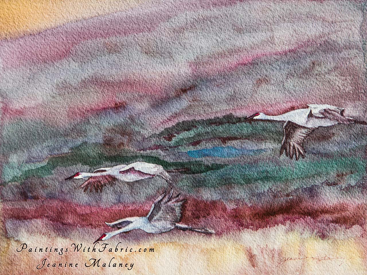 Dusk at Bosque del Apache Unframed Original Watercolor Painting Sandhill cranes flying at Bosque del Apache wildlife pereserve