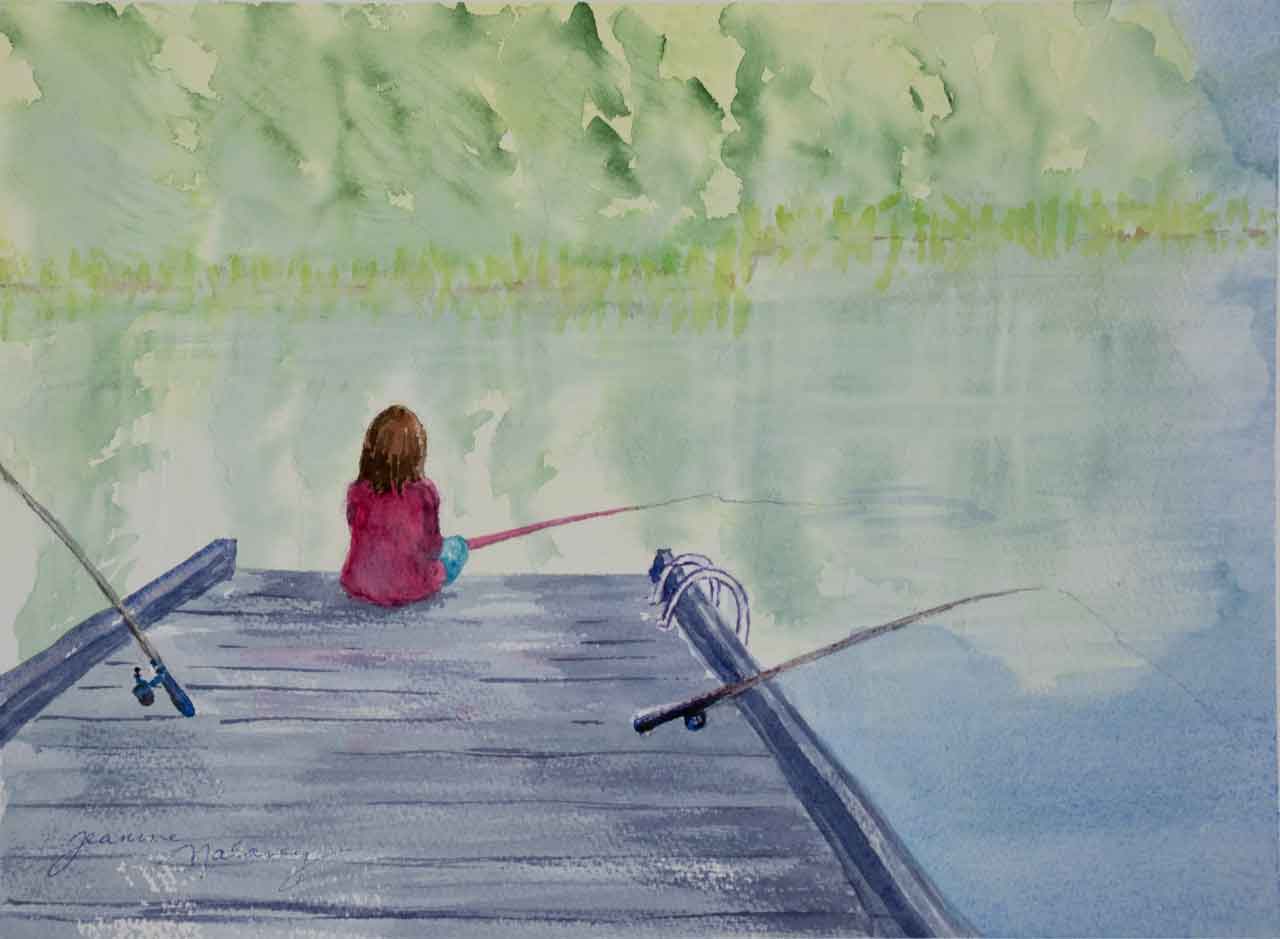 Even Alivia Loved Fishing! Unframed Original Watercolor Painting Alivia Fishing
