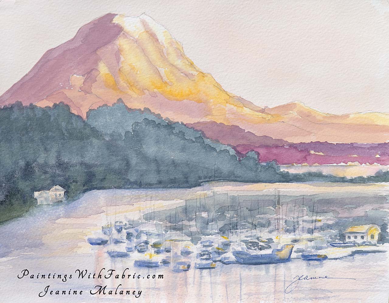 Gig Harbor  Unframed Original Watercolor Painting A watercolor painting of Mt. Rainier towering over the harbor at