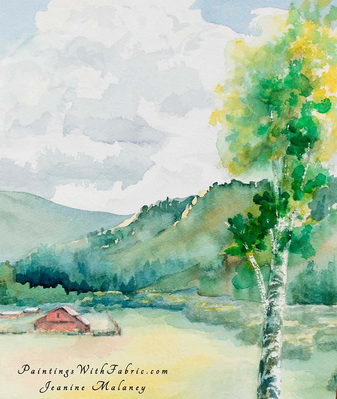 Greer Valley Unframed Original Watercolor Painting old barn its in a valley with a mountain background and a only a