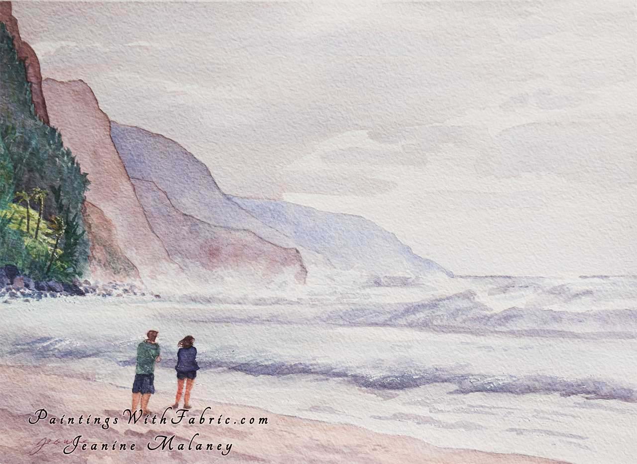 High Surf Unframed Original Watercolor Painting two people looking at the Napali Coast, Kauai beach with high wa