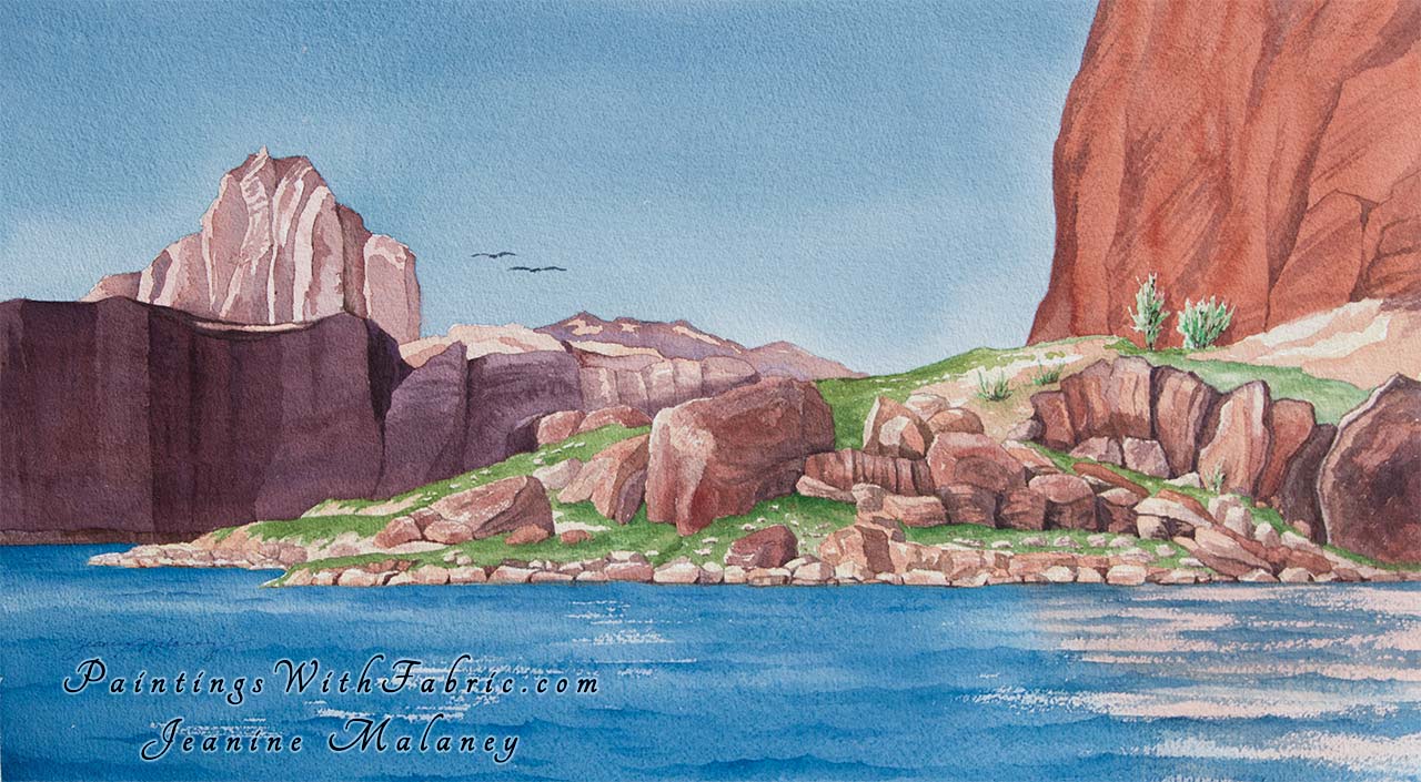 Lake Powell I Unframed Original Watercolor Painting of Lake shore and sky view 