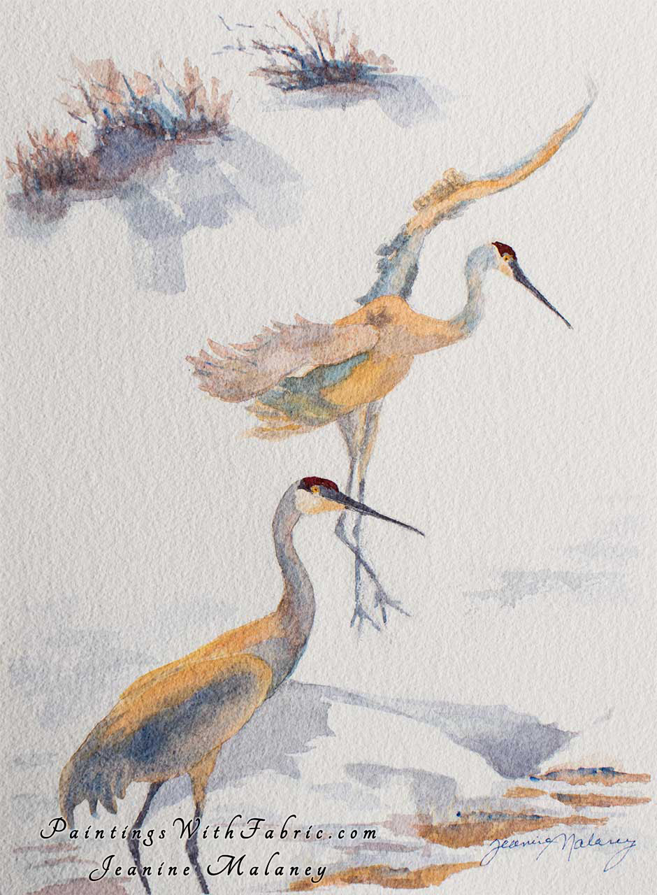 Landing At Yellowstone Unframed Original Watercolor Painting two Sandhill cranes in the snow with one of them landing