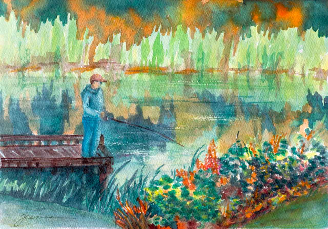 Last Cast of the day Unframed Original Watercolor Painting Camden’s Last Cast of the day on a small lake with a dock and 