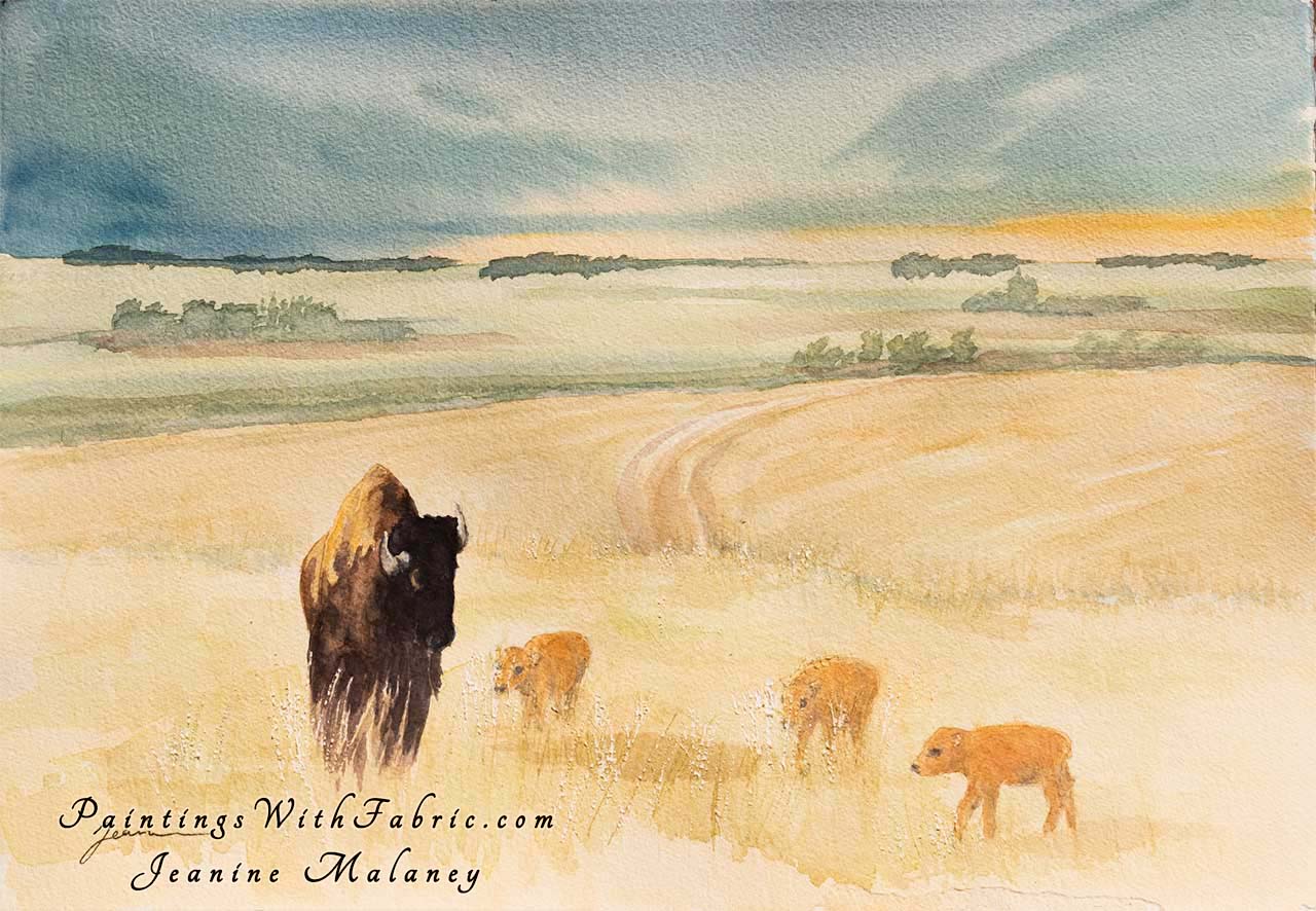 May Arrivals  Unframed Original Watercolor Painting bison and 3 calves