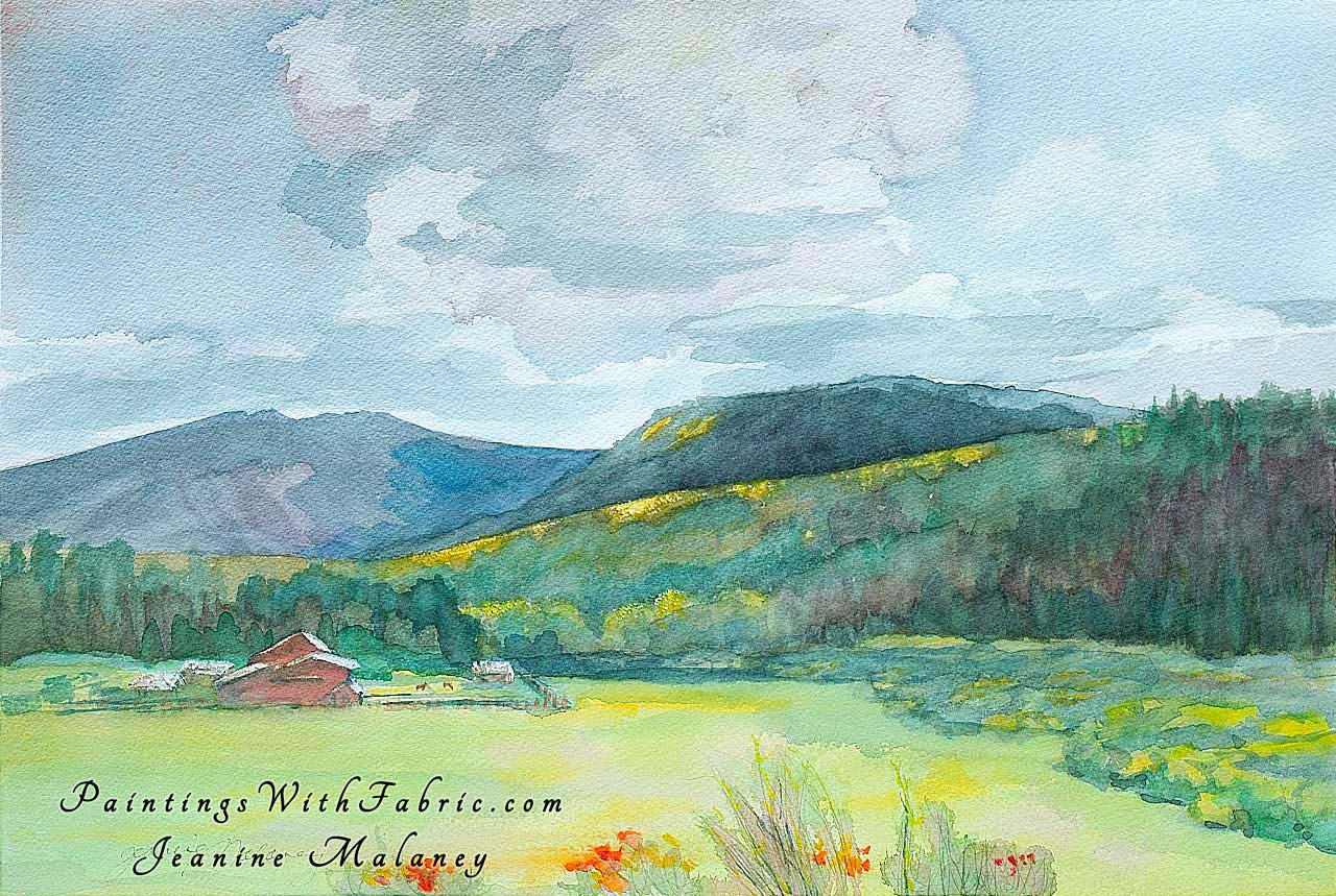 Mountain Haven Unframed Original Watercolor Painting a high country farm in a little valley with mountains in the bac