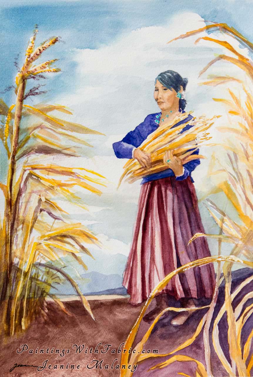 Navajo Pose Unframed Original Watercolor Painting a Navajo lady in a corn field hold some picked corn