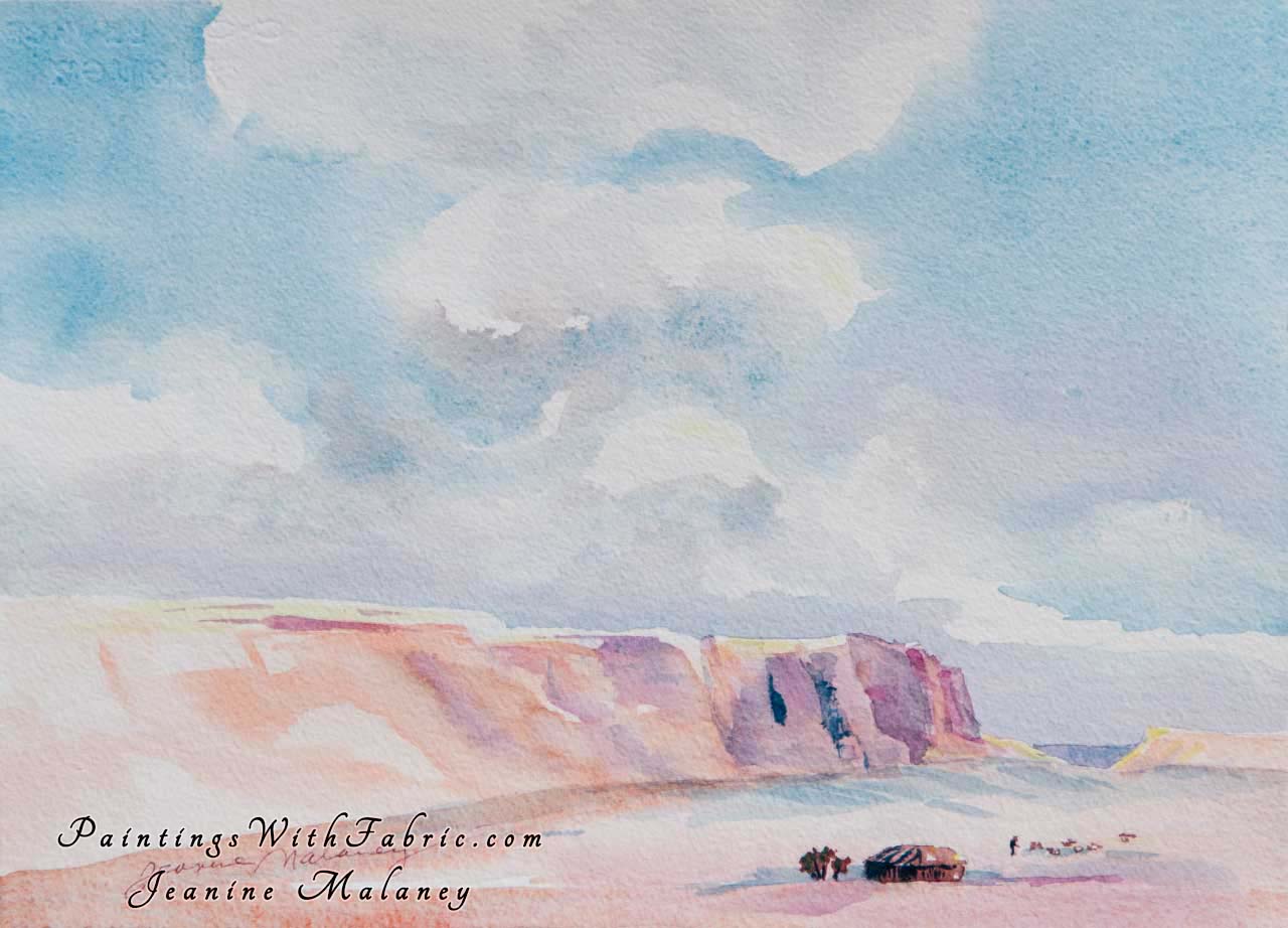 Navajo Sheep Herder Unframed Original Watercolor Painting a big sky with desert buffs and a small herd of sheep
