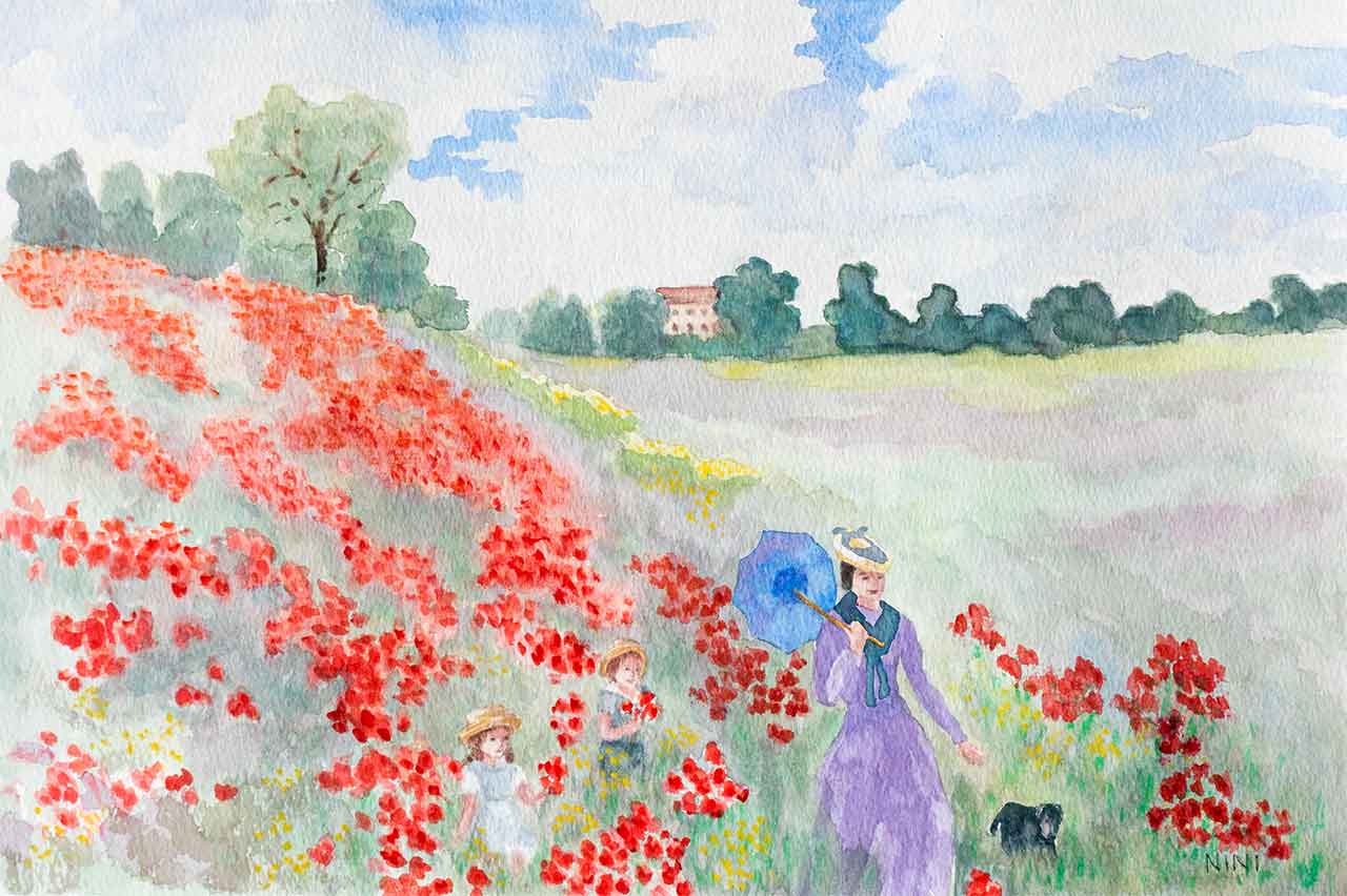 Ode to Monet  Unframed Original Watercolor Painting The Poppy Fields 1880