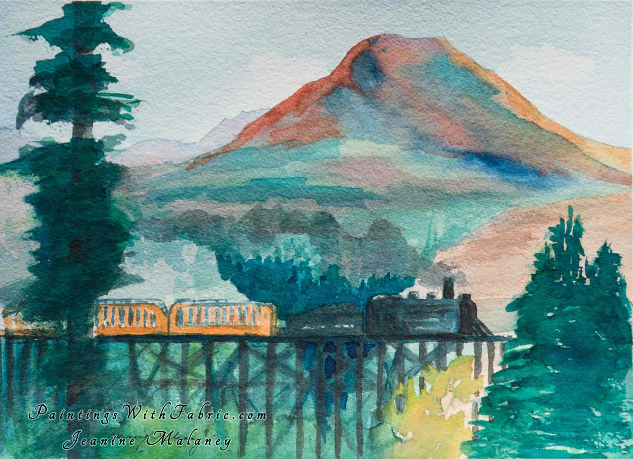 Red Mountain Unframed Original Watercolor Painting a train crossing over a bridge in front of red mountain near Sil