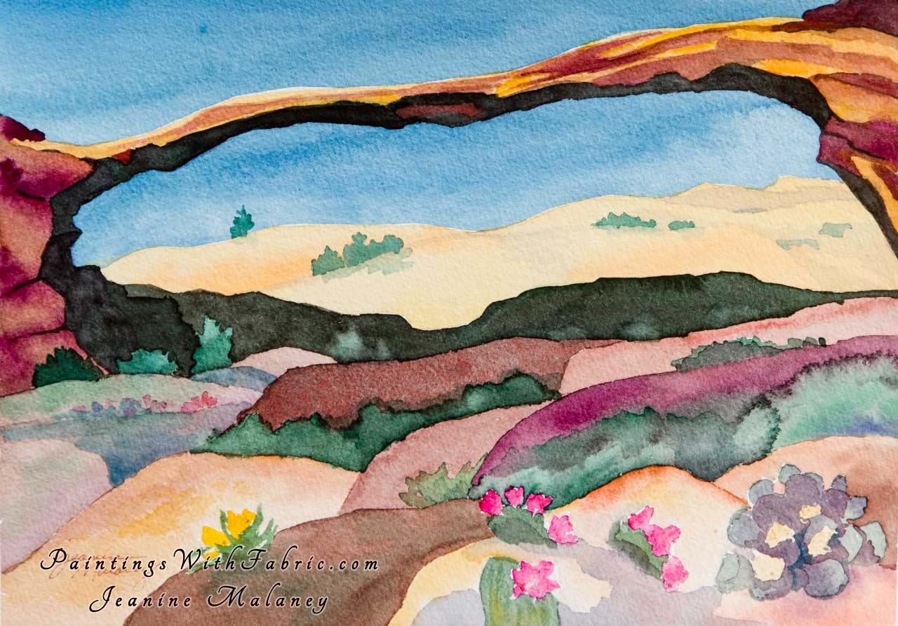 Remembering Landscape Arch-II Unframed Original Watercolor Painting a sandstone rock arch with a flowering desert under it