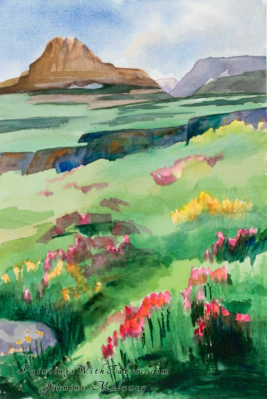 Reynolds Mountain Unframed Original Watercolor Painting Wild flowers in the foreground an mountains in the background 