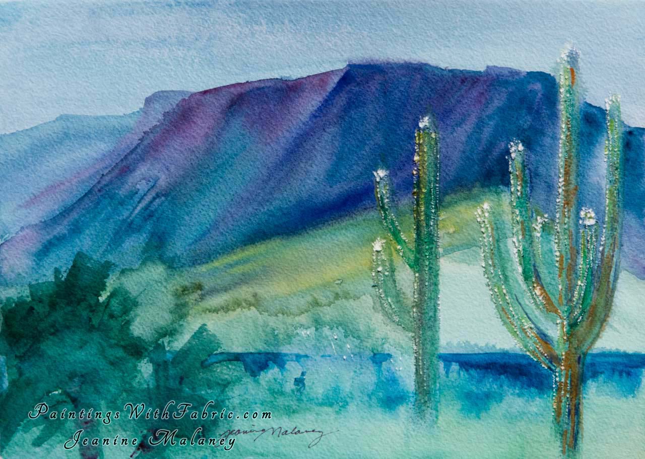 Saguaro In Bloom Unframed Original Watercolor Painting two large Saguaro cactus in bloom in the Arizona desert with blu