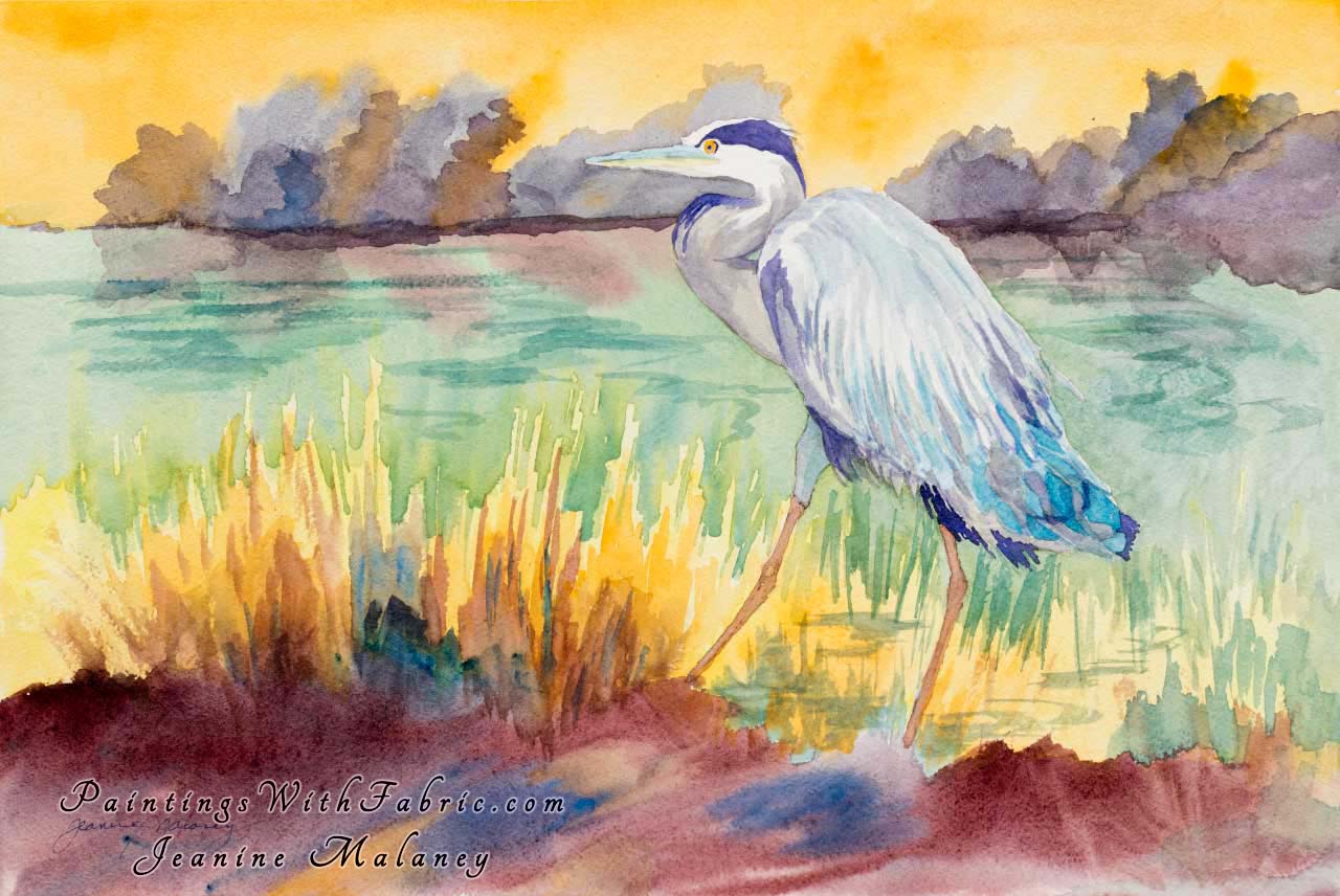 Stalking the Marsh Unframed Original Watercolor Painting a great blue heron alone on the edge of a field 