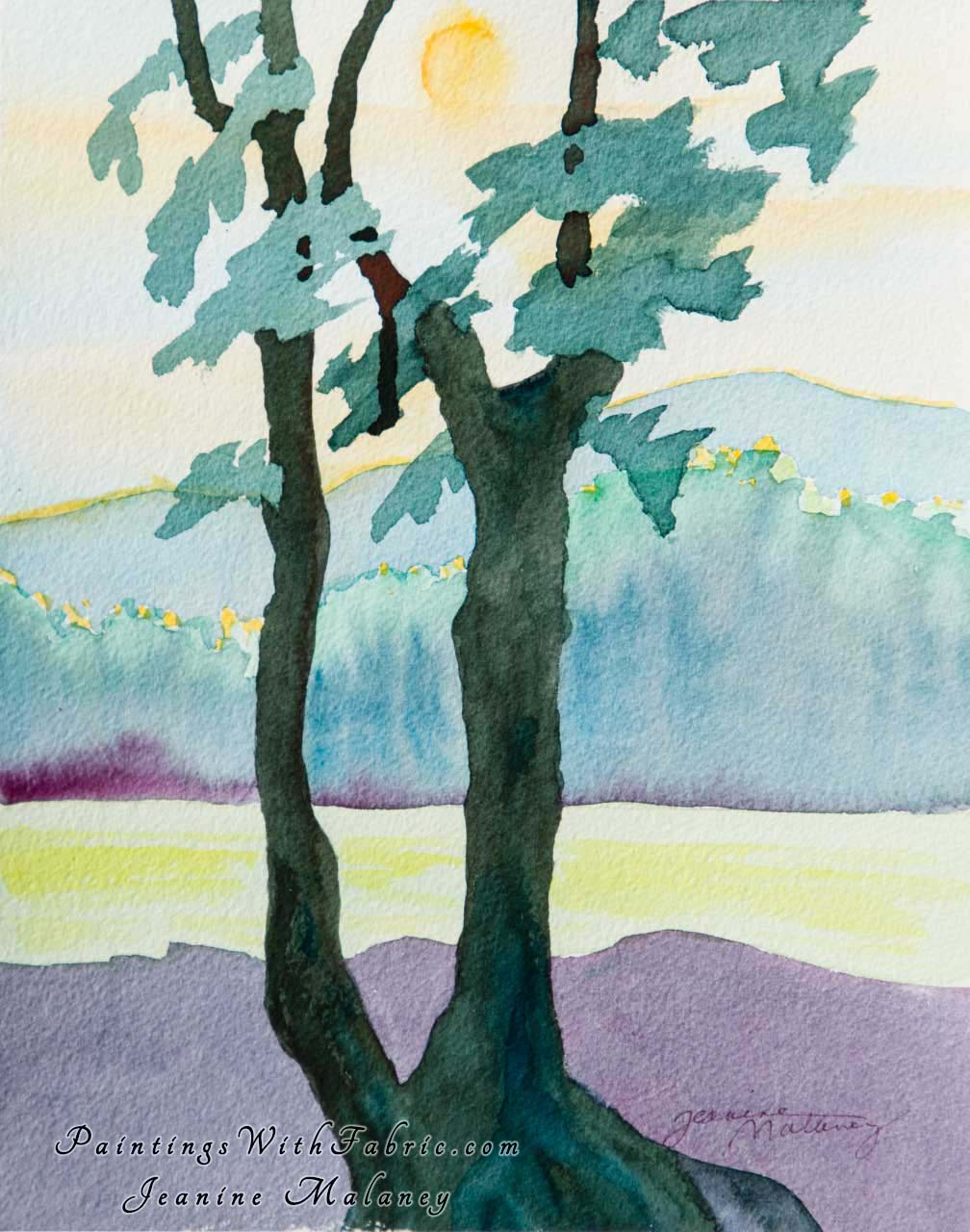 Sunrise on the Golf Course Unframed Original Watercolor Painting a tree with green and yellow background 