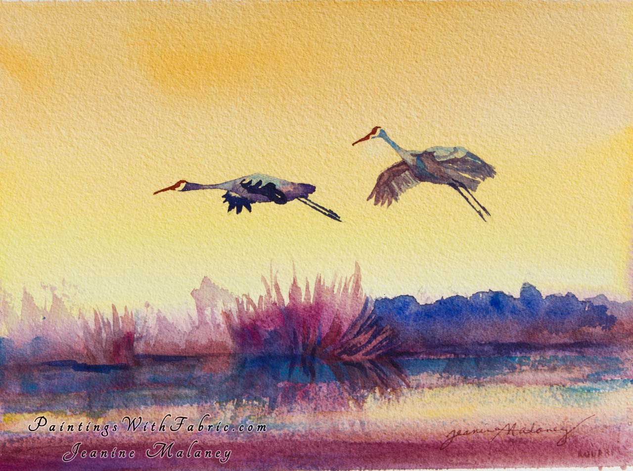 Sunset Landing  Unframed Original Watercolor Painting two Sandhill Cranes at Bosque del Apache coming in for a landing