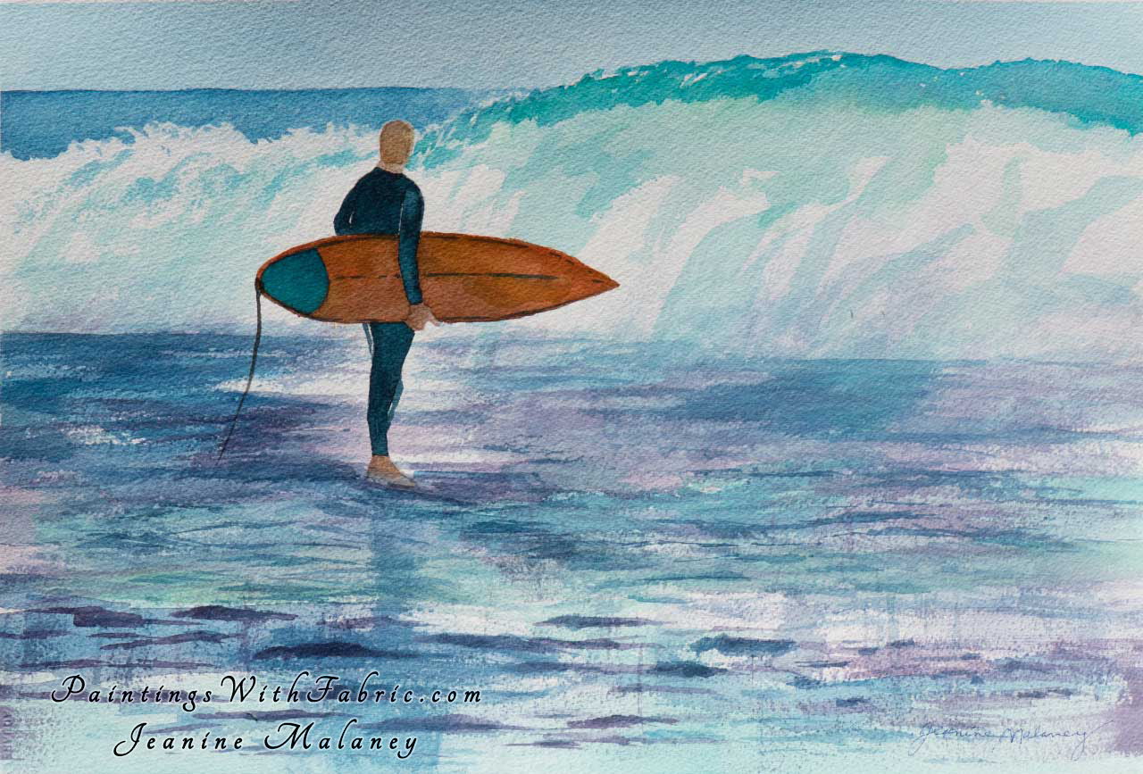 Surfer Moment Unframed Original Watercolor Painting a surfer takes a moment to think before entering the ocean with 