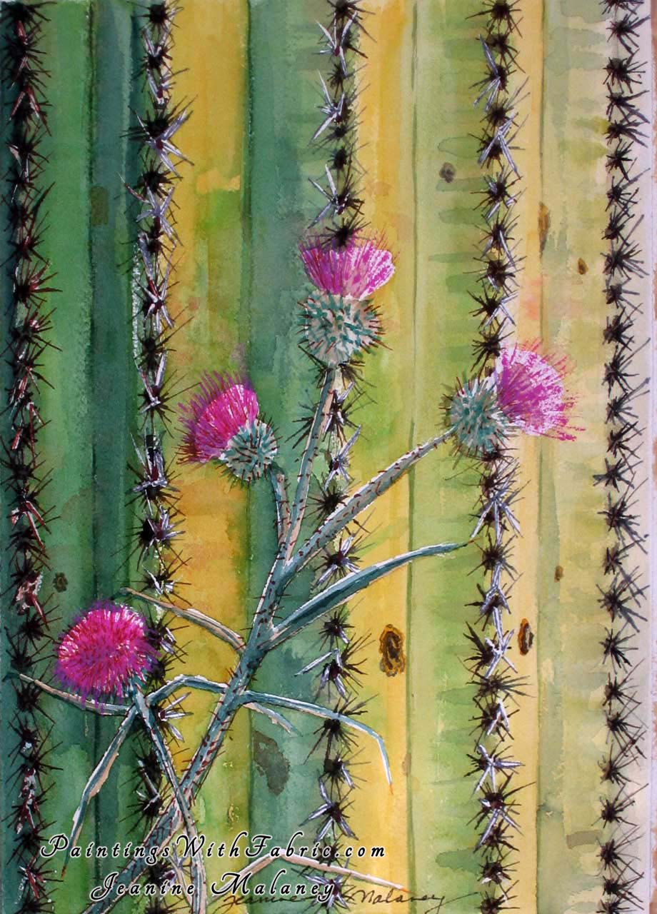 Thistle on Saguaro Unframed Original Watercolor Painting of a closeup of a Saguaro Cactus with a flower