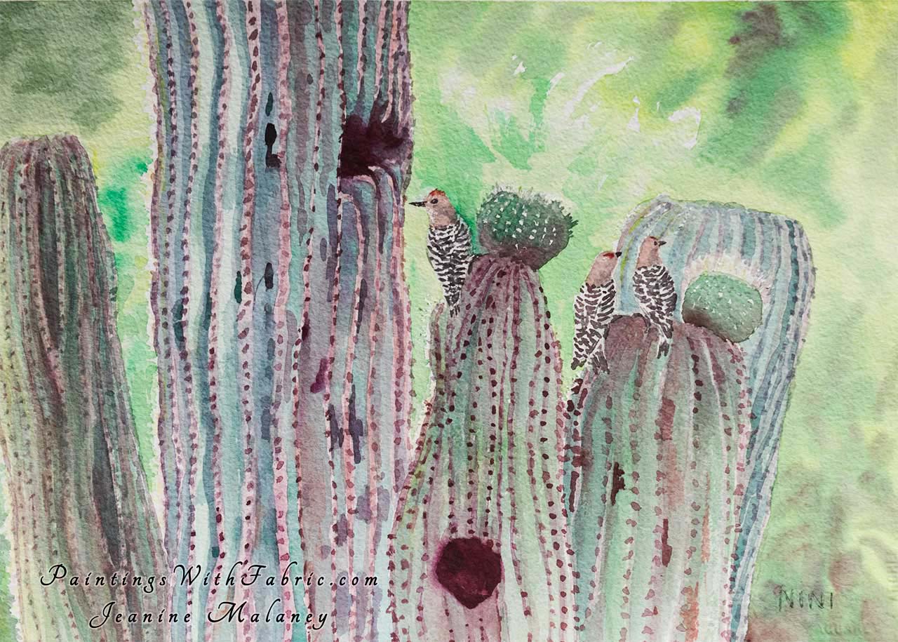 Waiting for Mom to Bring Home the Grub Unframed Original Watercolor Painting three young Gila Woodpeckers on the Saguaro cactus