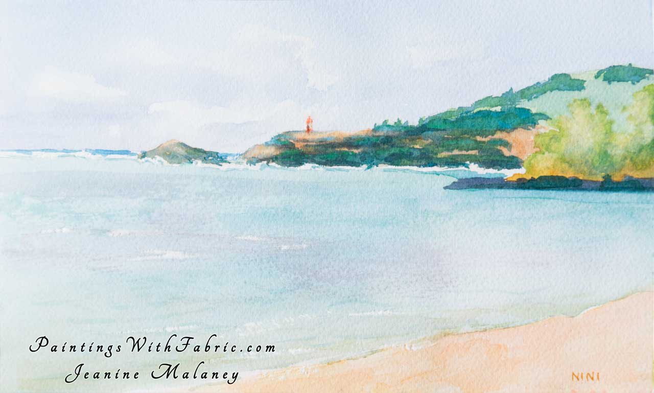 Kileuea Light House  Unframed Original Watercolor Painting look down on Annini Beach with the Kileuea Light House in the di