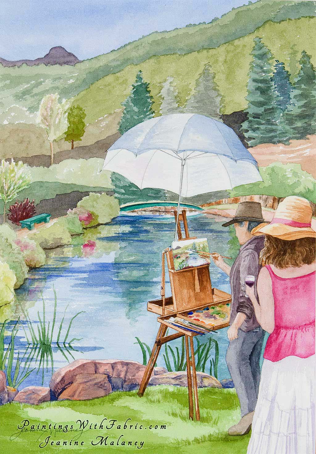 Art in the Garden Unframed Original Watercolor Painting of a artist painting a lake in a garden