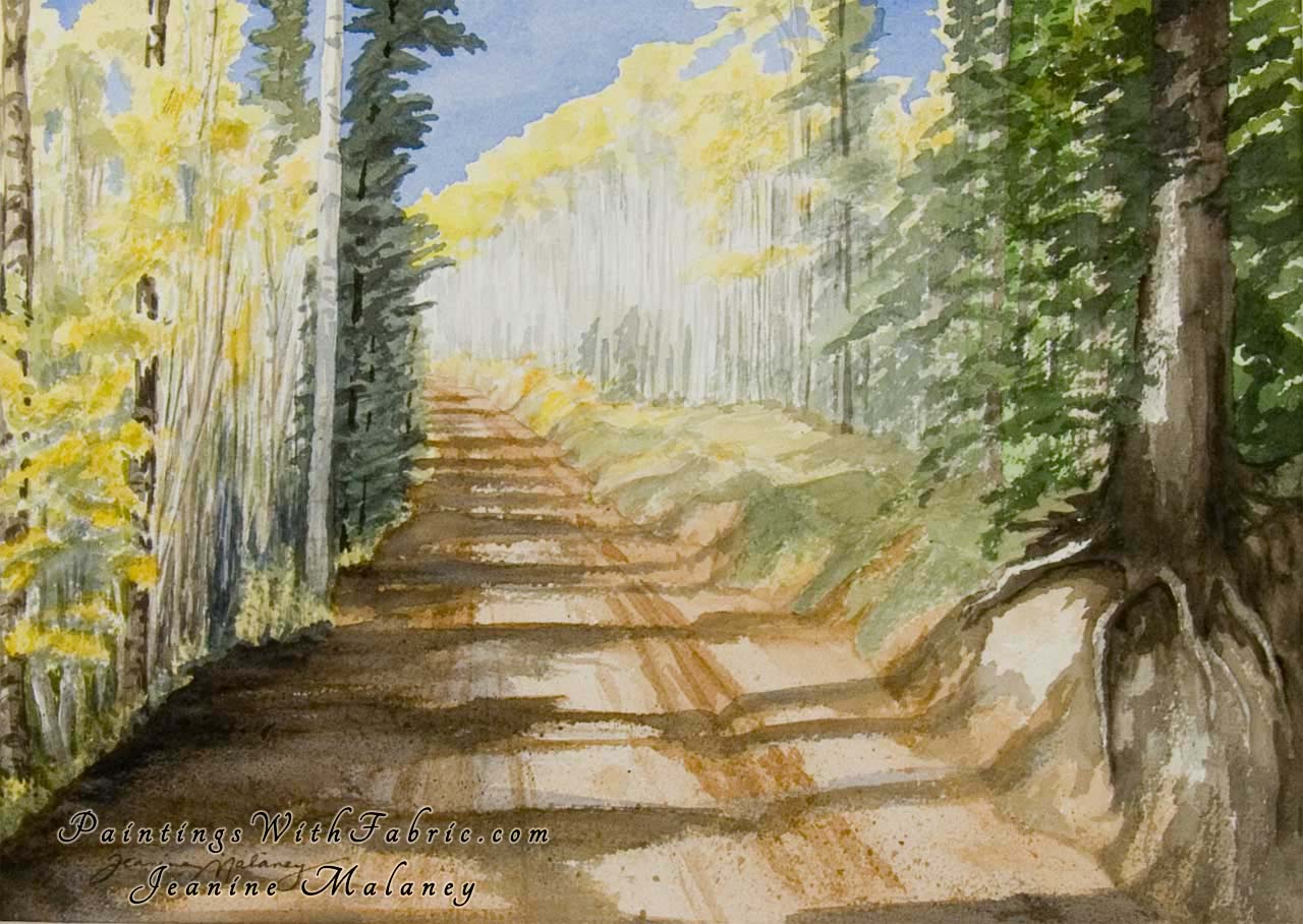 Aspen Road Unframed Original Watercolor Painting of a forest road line with trees in the fall