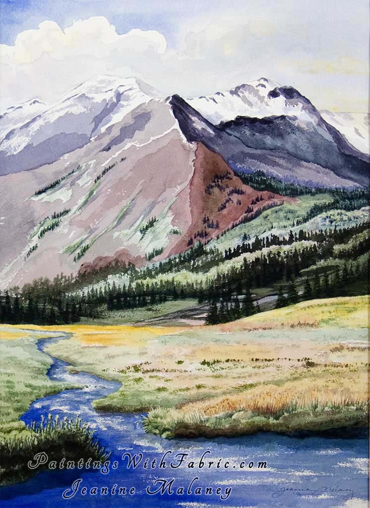Away from it All Unframed Original Watercolor Painting of a mountain stream with mountain in the backgournd