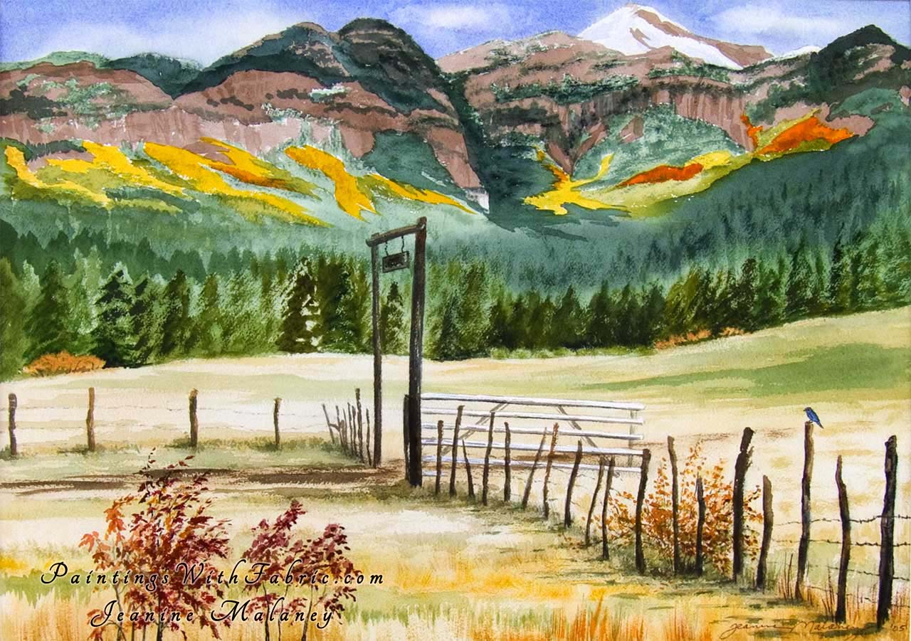 Belonging to the Land Unframed Original Watercolor Painting of a fence with a mountain background