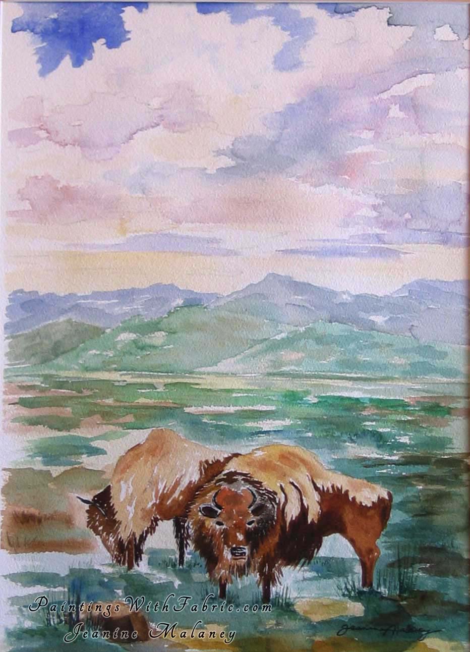Bison Watching Unframed Original Watercolor Painting of two bison on the Colorado range