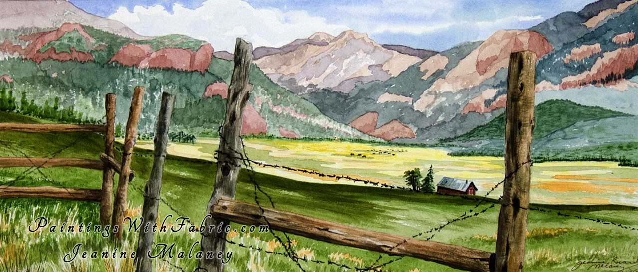 Breathing Wide Unframed Original Watercolor Painting of a old fence with a cabin and mountain backgournd