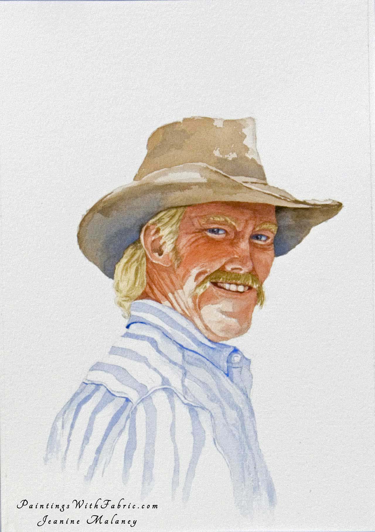 Buck Unframed Original Watercolor Painting of a cowboy with his hat