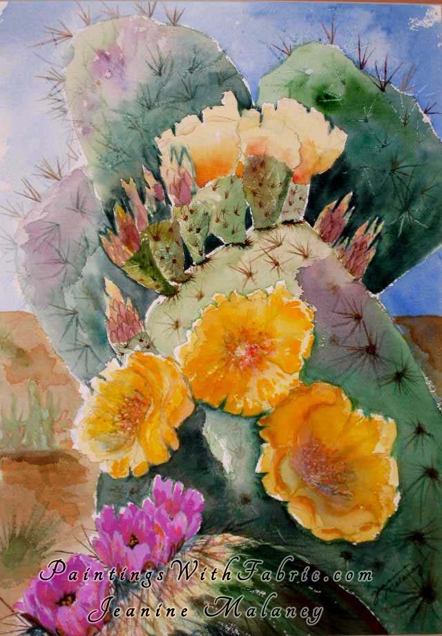 Prickly Pear Ablaze Unframed Original Watercolor Painting of a flowering Prickly pear cactus