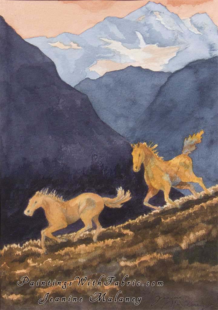 Chasing Daylight Unframed Original Watercolor Painting of two horses running and Colorado mountains