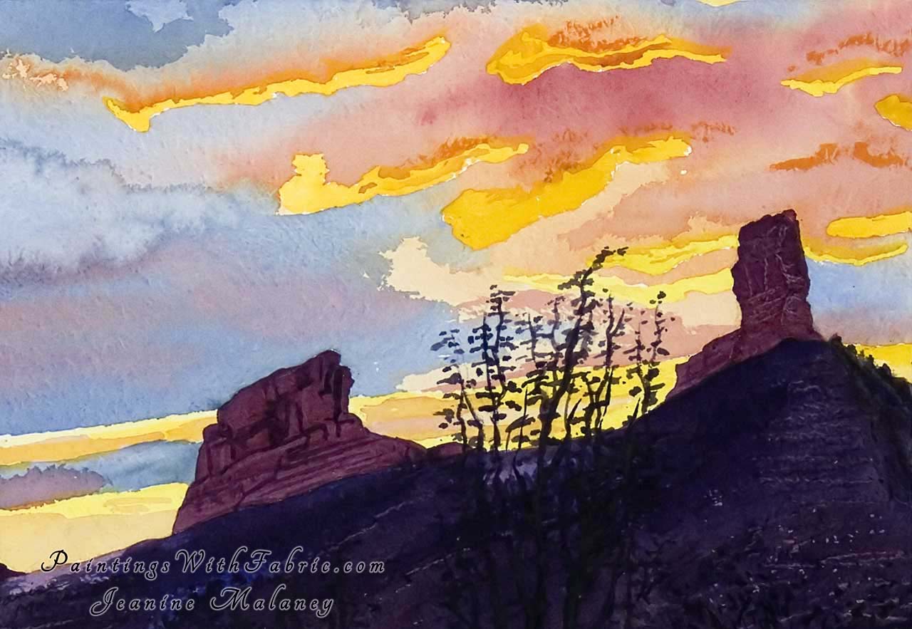 Chimney Rock Unframed Original Watercolor Painting of sunset view of  Chimney Rock Pagosa Springs