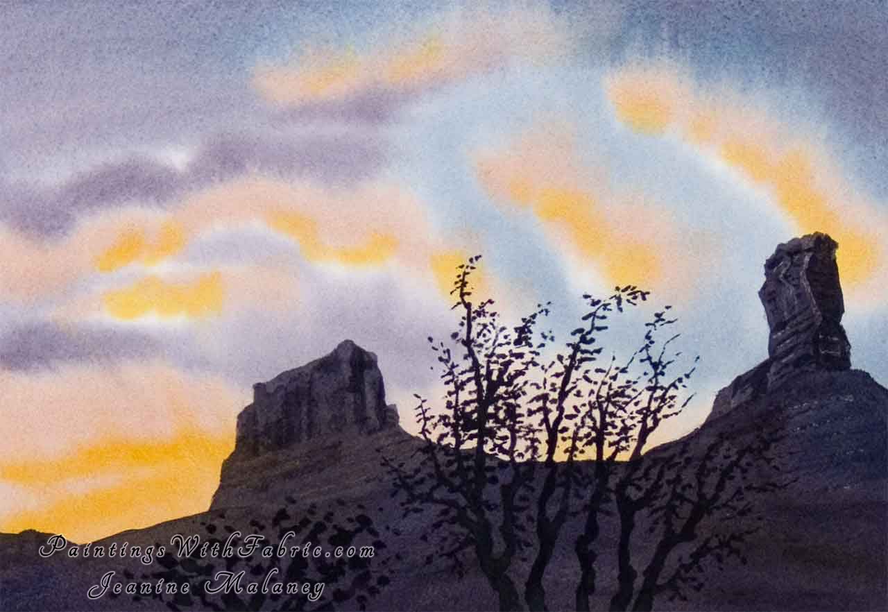 Silouhette at Chimney Rock Unframed Original Watercolor Painting of  a sunset view of a tree at Chimney Rock