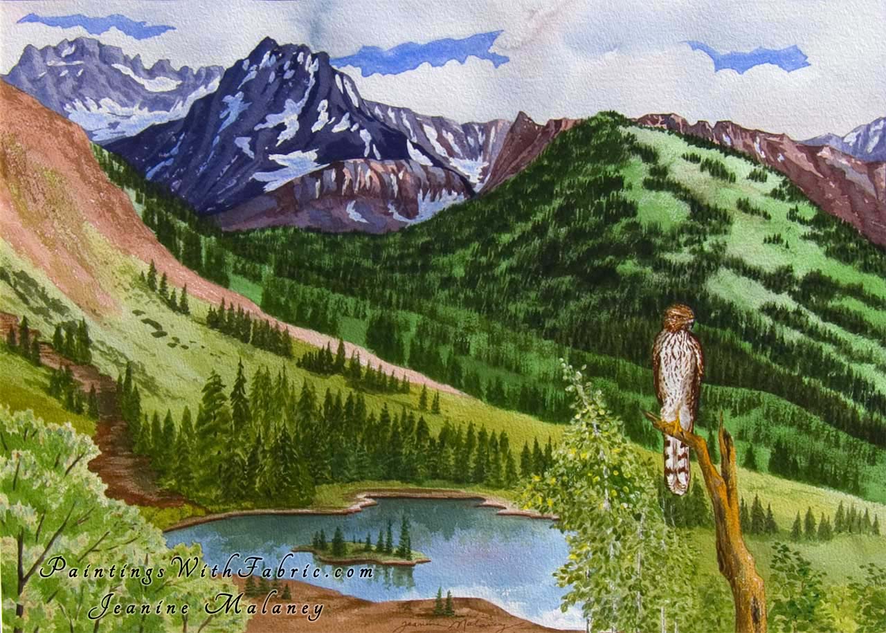 The Sentinal Unframed Original Watercolor Painting of a Coopers Hawk and lake with mountains in CO